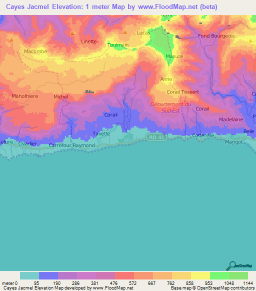 Cayes Jacmel,Haiti Elevation Map