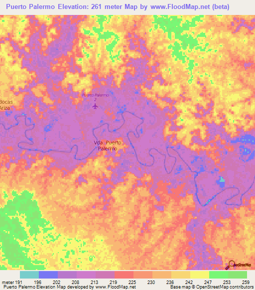 Puerto Palermo,Colombia Elevation Map