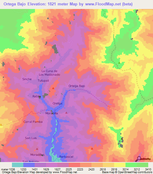 Ortega Bajo,Ecuador Elevation Map