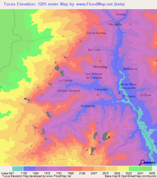 Tucus,Ecuador Elevation Map