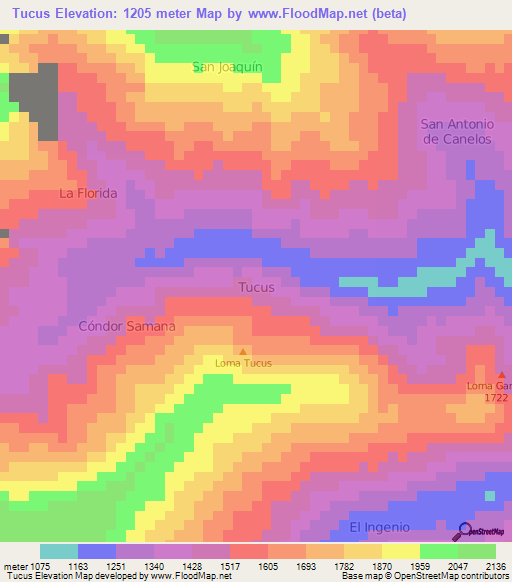 Tucus,Ecuador Elevation Map