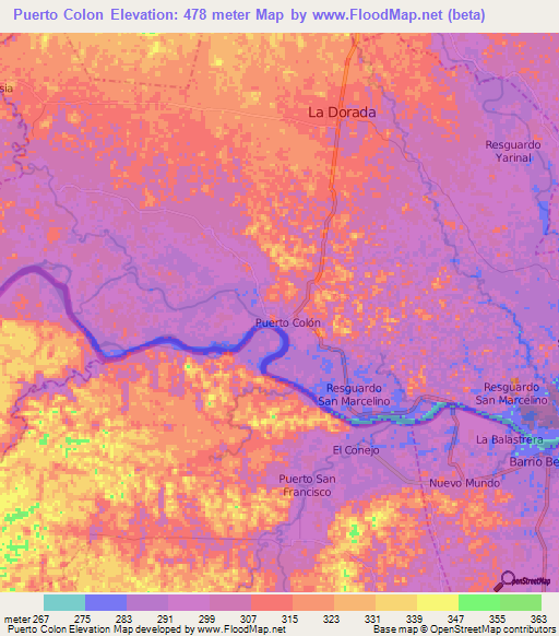 Puerto Colon,Colombia Elevation Map