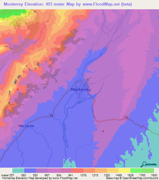 Monterrey,Colombia Elevation Map