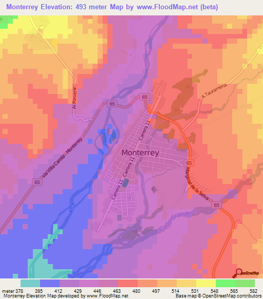 Monterrey,Colombia Elevation Map