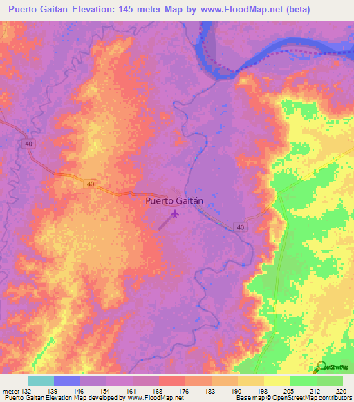 Puerto Gaitan,Colombia Elevation Map