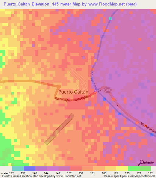 Puerto Gaitan,Colombia Elevation Map