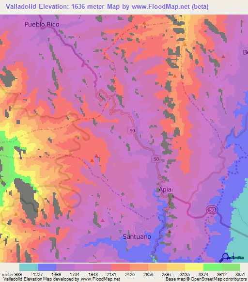 Valladolid,Colombia Elevation Map