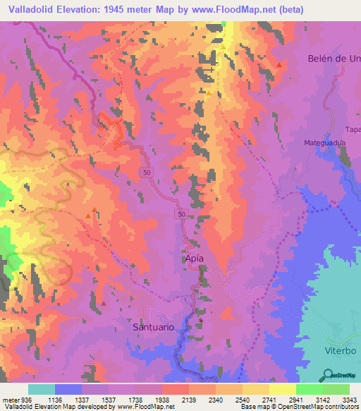 Valladolid,Colombia Elevation Map