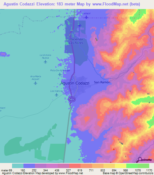 Agustin Codazzi,Colombia Elevation Map