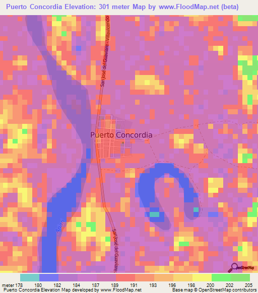 Puerto Concordia,Colombia Elevation Map