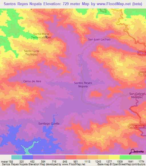 Santos Reyes Nopala,Mexico Elevation Map