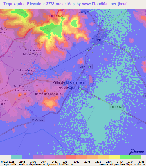 Tequixquitla,Mexico Elevation Map