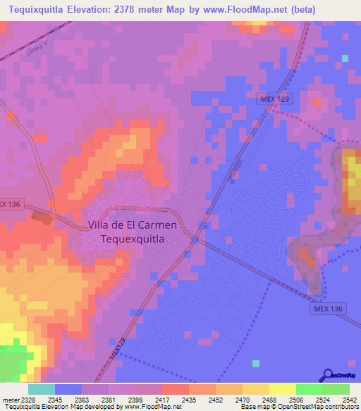 Tequixquitla,Mexico Elevation Map