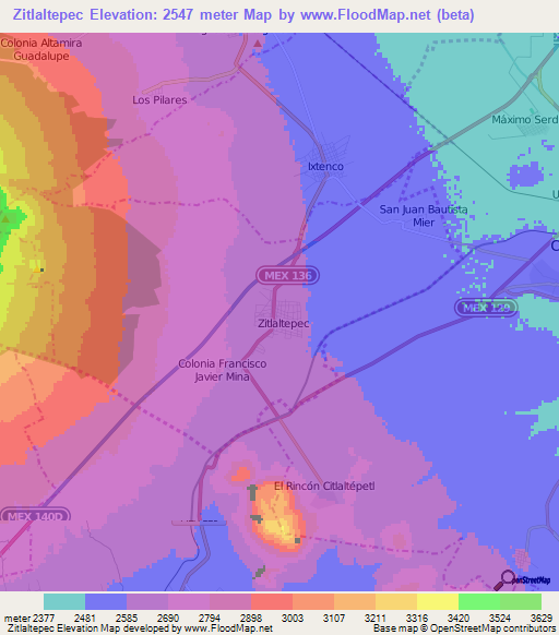 Zitlaltepec,Mexico Elevation Map