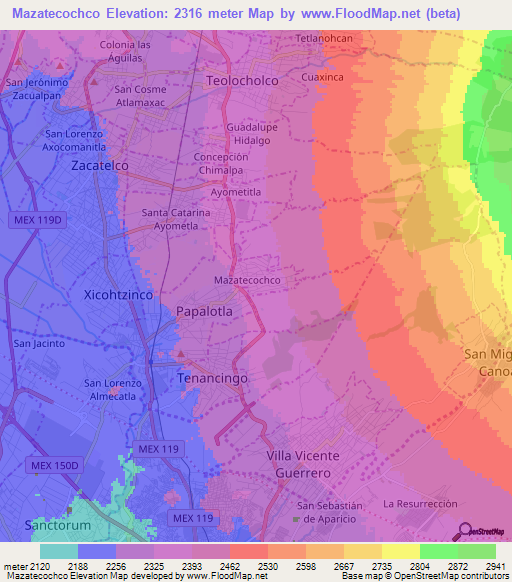 Mazatecochco,Mexico Elevation Map