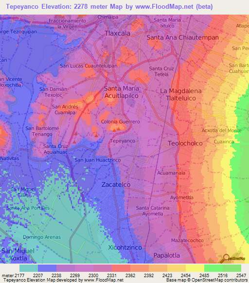 Tepeyanco,Mexico Elevation Map