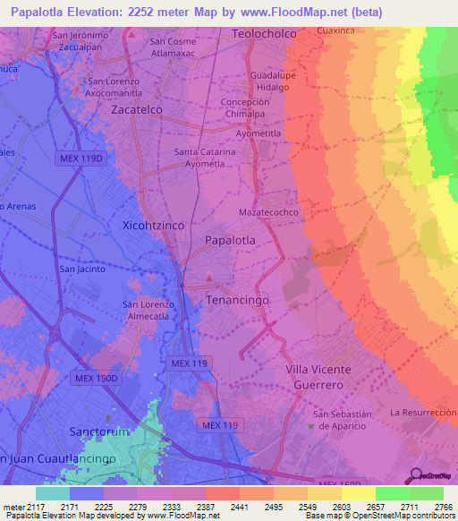 Papalotla,Mexico Elevation Map
