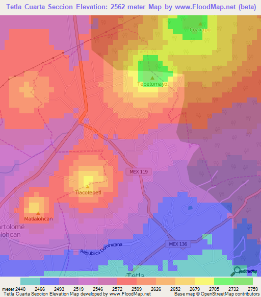 Tetla Cuarta Seccion,Mexico Elevation Map