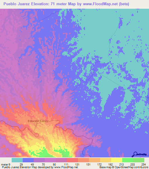 Pueblo Juarez,Mexico Elevation Map