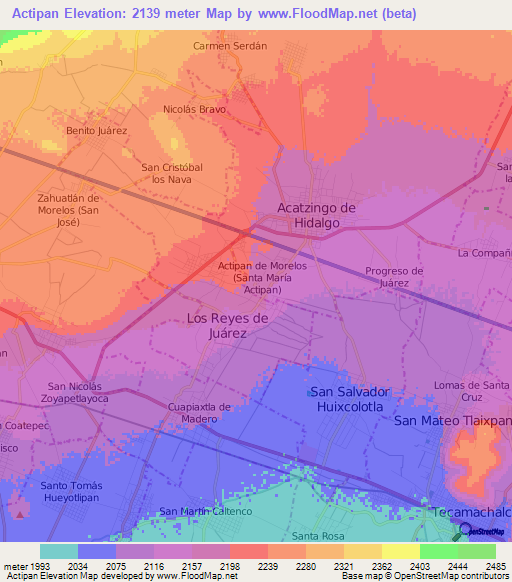 Actipan,Mexico Elevation Map