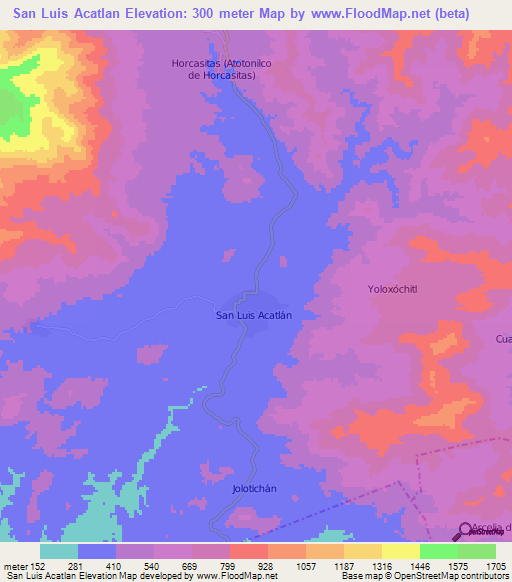 San Luis Acatlan,Mexico Elevation Map