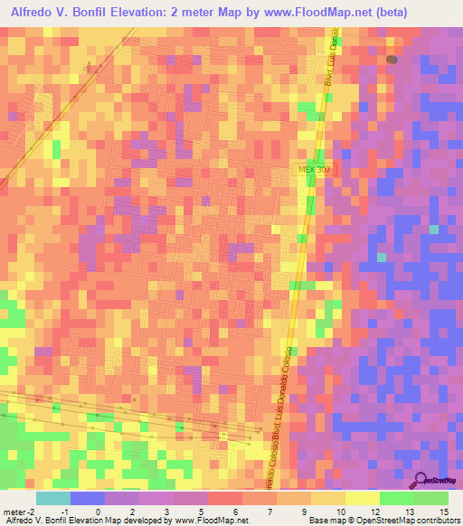 Alfredo V. Bonfil,Mexico Elevation Map