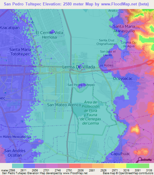 San Pedro Tultepec,Mexico Elevation Map