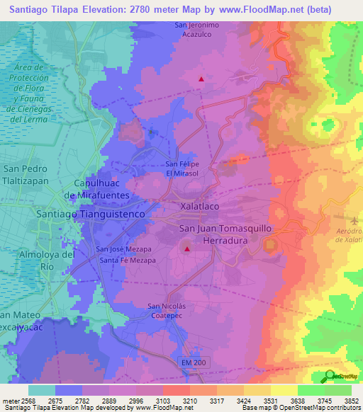 Santiago Tilapa,Mexico Elevation Map