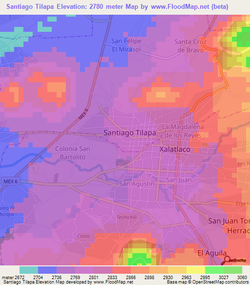 Santiago Tilapa,Mexico Elevation Map