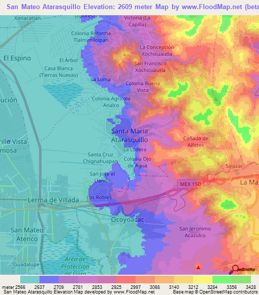 San Mateo Atarasquillo,Mexico Elevation Map