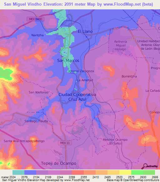 San Miguel Vindho,Mexico Elevation Map