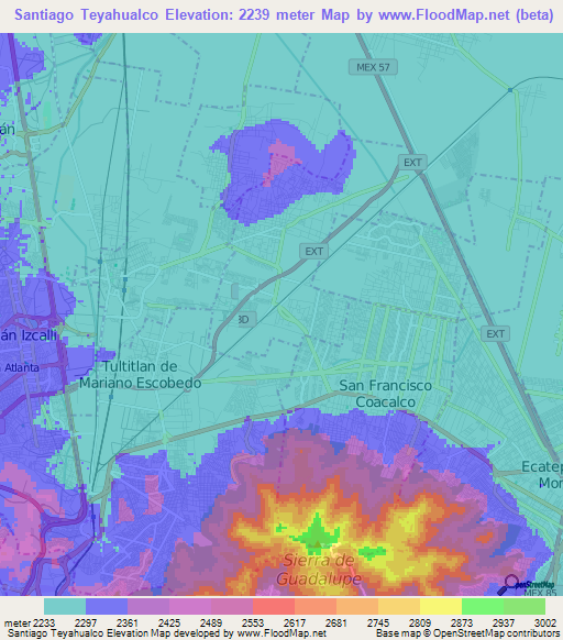 Santiago Teyahualco,Mexico Elevation Map