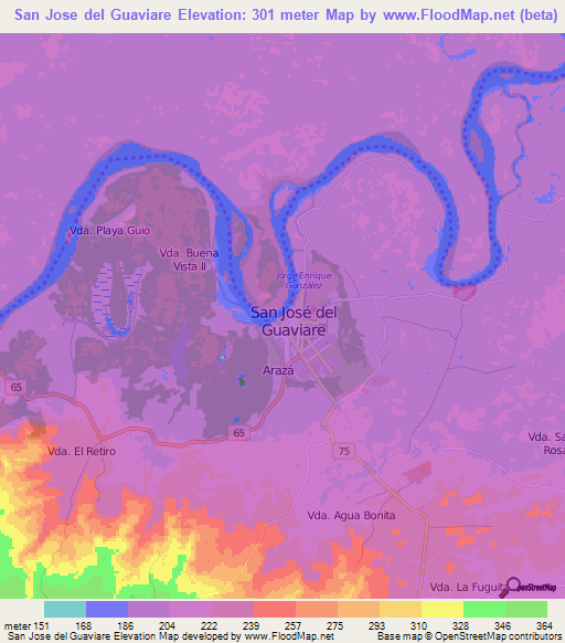 San Jose del Guaviare,Colombia Elevation Map