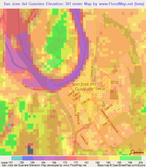 San Jose del Guaviare,Colombia Elevation Map