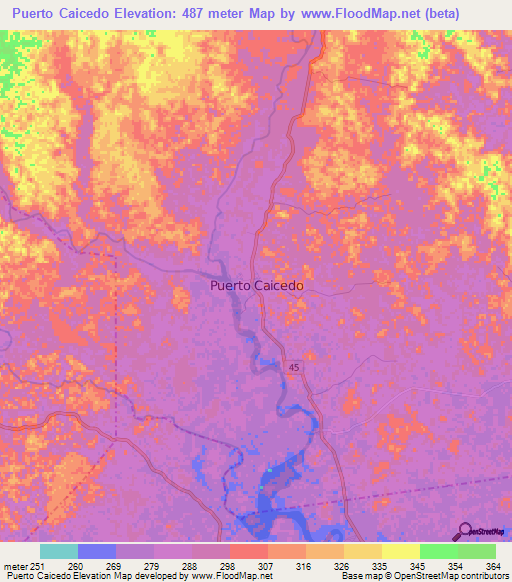 Puerto Caicedo,Colombia Elevation Map