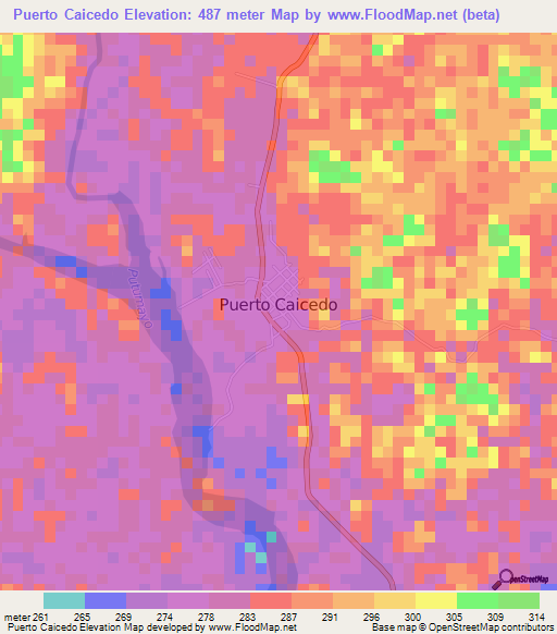 Puerto Caicedo,Colombia Elevation Map