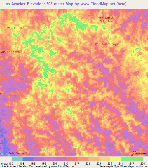 Las Acacias,Colombia Elevation Map