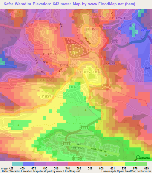 Kefar Weradim,Israel Elevation Map