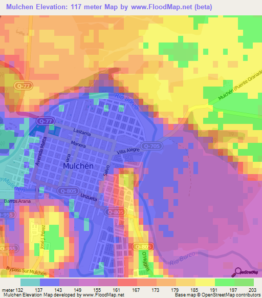 Mulchen,Chile Elevation Map