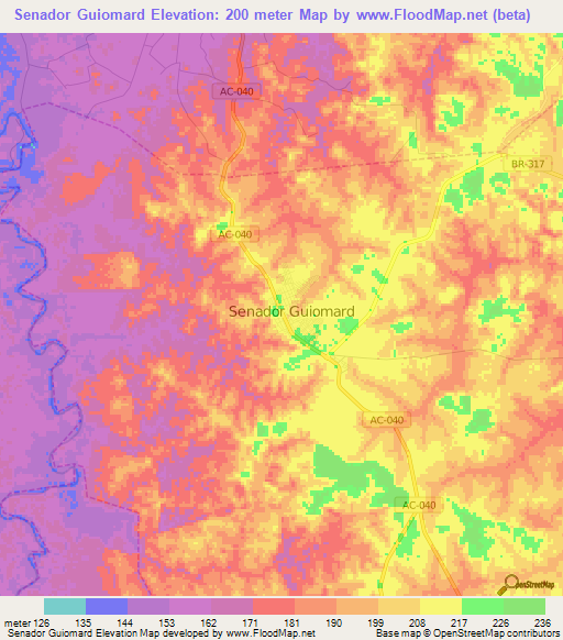 Senador Guiomard,Brazil Elevation Map