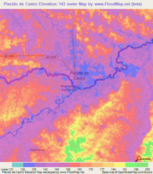 Placido de Castro,Brazil Elevation Map