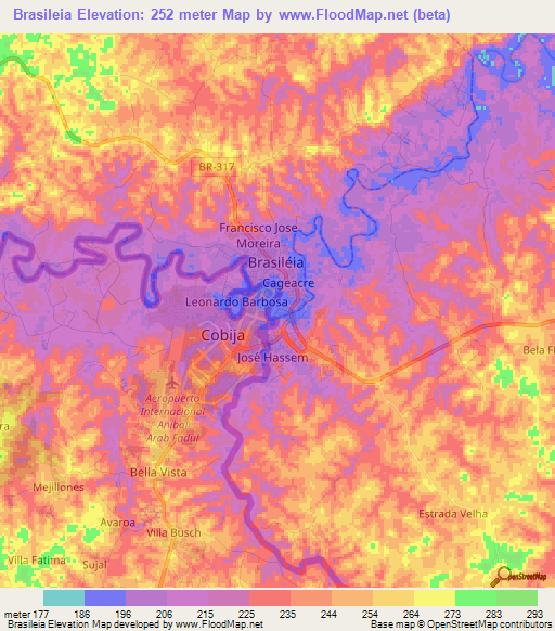 Brasileia,Brazil Elevation Map