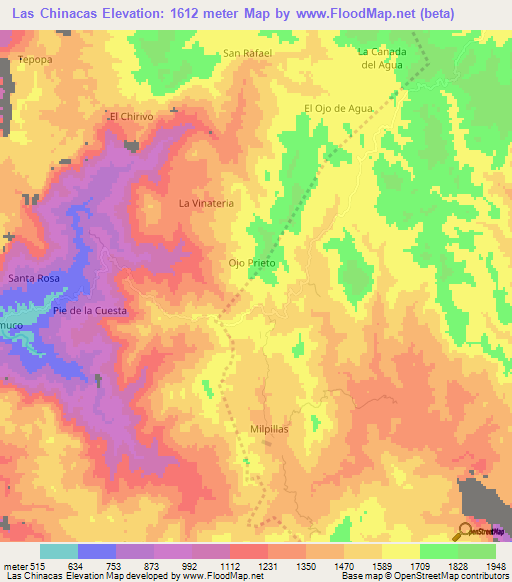 Las Chinacas,Mexico Elevation Map