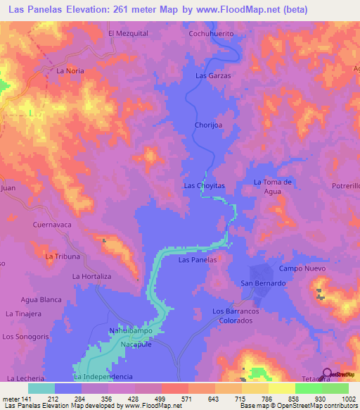 Las Panelas,Mexico Elevation Map