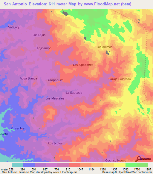 San Antonio,Mexico Elevation Map