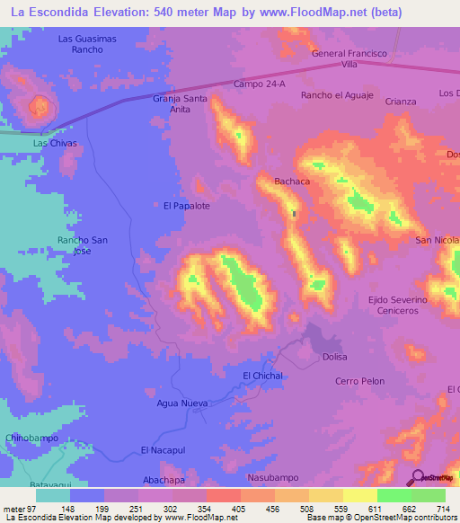 La Escondida,Mexico Elevation Map