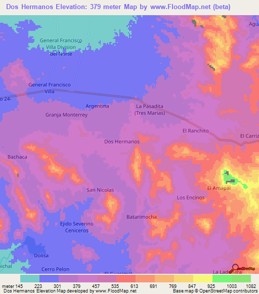 Dos Hermanos,Mexico Elevation Map