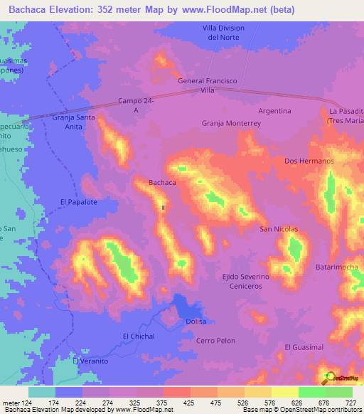 Bachaca,Mexico Elevation Map