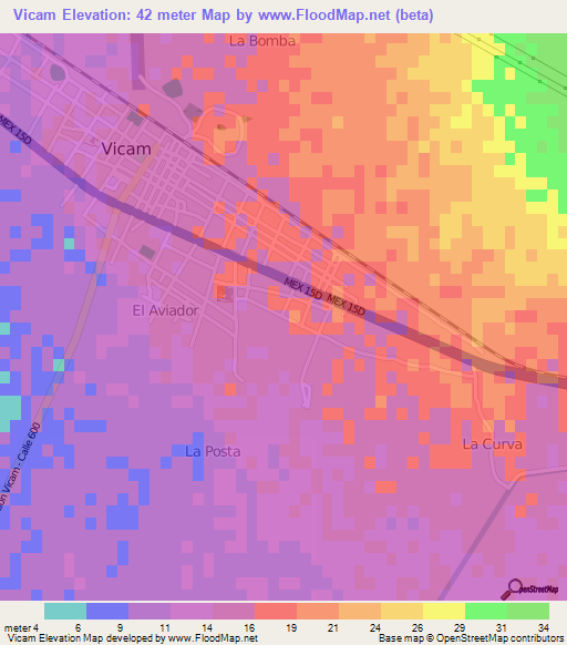 Vicam,Mexico Elevation Map