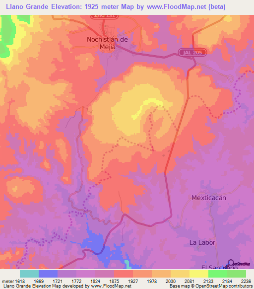 Llano Grande,Mexico Elevation Map